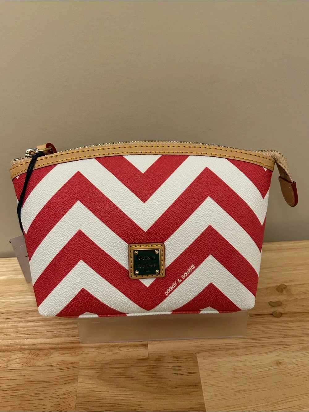 Dooney & Bourke Red and White Chevron Pouch with Tan Trim